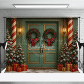 Lofaris Elegant Christmas Door Photography Backdrop Candy Cane Columns with Trees Holiday Front Porch Photo Background